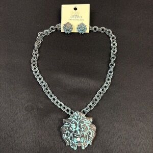 Da Vinci Necklace & Earrings Set Patina Blue/Green Over Metal Lions Head